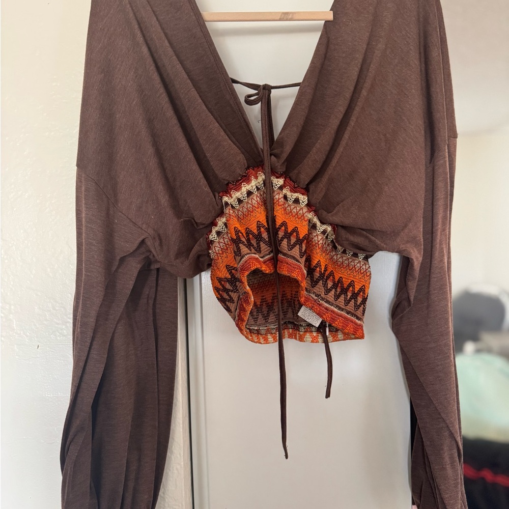 Boho Vintage Style Brown and Orange Women's Crop Top With Embroidered Detail